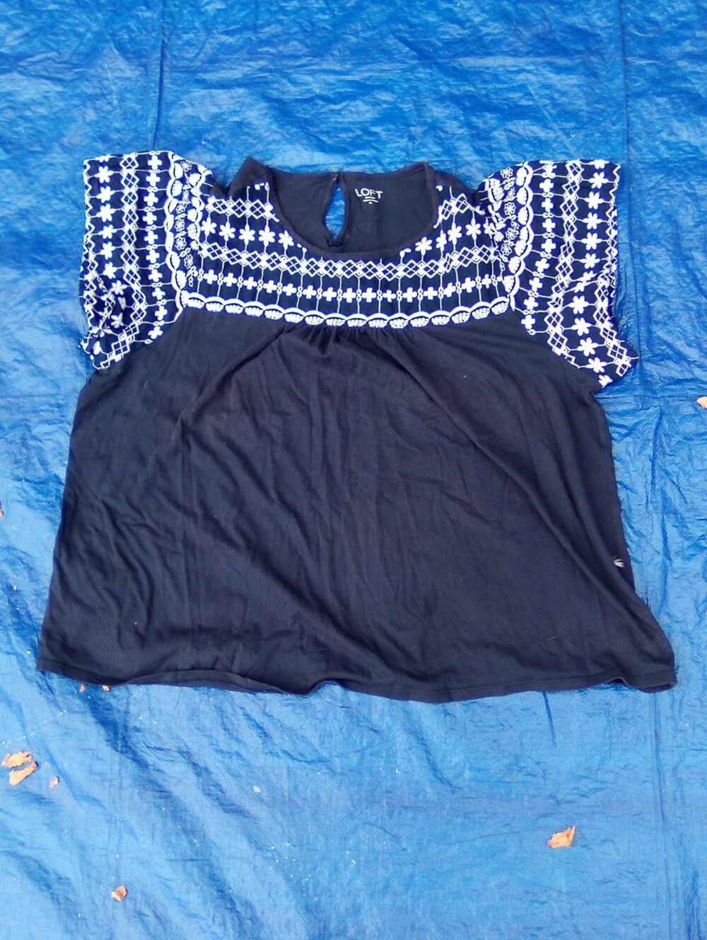 LOFT Black Top with White Embroidered Yoke and Sleeves